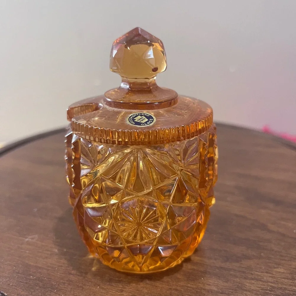 Vtg Westmoreland Amber Glass Jelly Jar Daisy Button Notched Lid MCM Jam Pot 4
